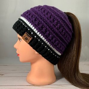 Adult Purple Black & White Ponytail Hat Bun Hat